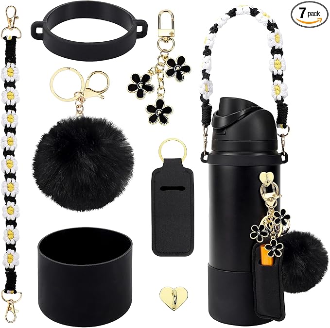 Compatible for Owala Accessories Bundle: Silicone Boot for 24oz & 32oz Bottles, Charms, Handle, Strap, Rubber Bottoms, and Decorative Add-ons for Your Compatible for Owala Water Bottle, Black Bloomnest