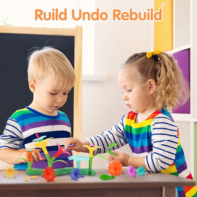 VERTOY Gifts for 3 4 5 6 Year Old Girls, Flower Garden Building Toys Set for Toddlers, STEM Preschool Activities and Gardening Pretend Playset, Stacking Game for Age 3+ Little Kids - Bloomnest