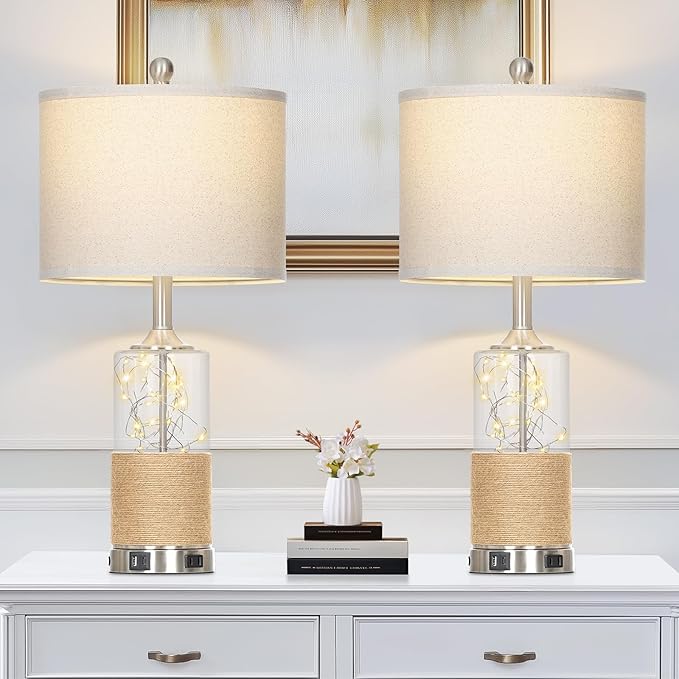25" Boho Table Lamps Set of 2, Coastal Glass Bedside Lamps with USB A+C Ports and AC Outlet, Rattan Lamp with Night Light for Nightstand Living Room Bedroom, 2 LED Bulbs Included, Silver - Bloomnest