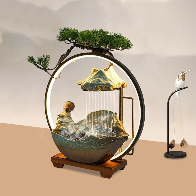 16In Bonsai Tree Statue Water Fountains Indoor Tabletop Waterfall Humidifier with LED Light and Atomizer Mist, Japanese Zen Decor Meditation Fake Plants Bonsai Feng Shui Decor Festival Birthday Gift - Bloomnest