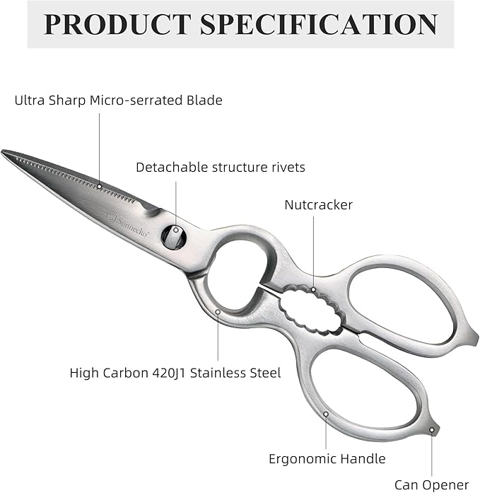 Sunnecko Heavy Duty Kitchen Scissors - Stainless Steel Kitchen Shears, Ultra Sharp Micro Serrated Poultry Shears, Cooking Scissors for Meat, Dishwasher Safe - Bloomnest