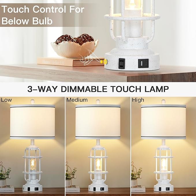 Farmhouse Lamps Set of 2, White Vintage Rustic Industrial Lamps with USB A+C Charging Ports & AC Outlet, 3 Way Dimmable Touch Control Table Lamp with LED Night Light for Living Room Bedrooms Office - Bloomnest
