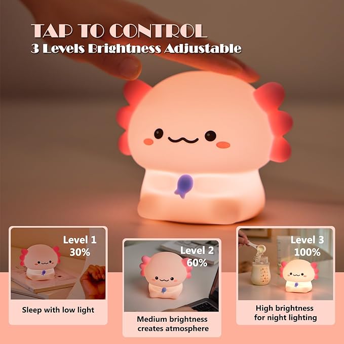 Axolotl Cute Cartoon Nursery Night Lights, Animal Design Safe Silicone Soft LED Nursery Lamp for Toddler Room Decoration - Bloomnest