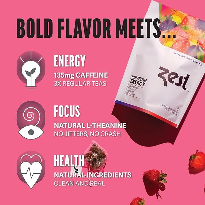 Zest Energy Green Tea - Superberry Samba - High Caffeine Strawberry, Acai, & Passion Fruit Tea - Caffeinated Coffee Altnernative with Antioxidants - Natural, Non-GMO & Keto - 20Ct Pack - 135mg Caf - Bloomnest