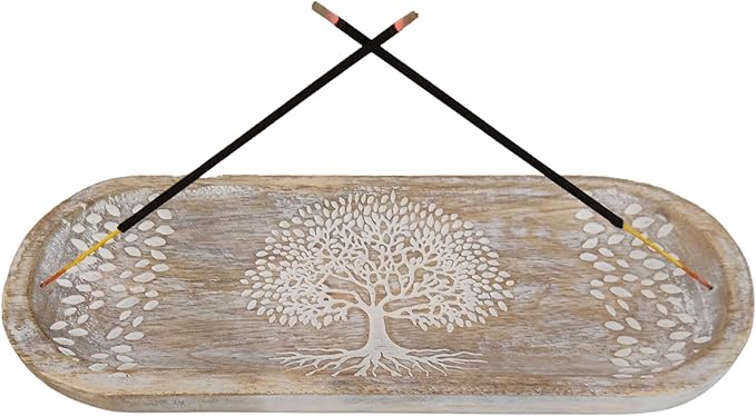 VANIYA CRAFTS® Wooden Handmade Tree of Life Design Boat Shape Incense Holder Stand Insence Tray for Sticks Home Decor Restaurant (11X4,Antique White) - Bloomnest