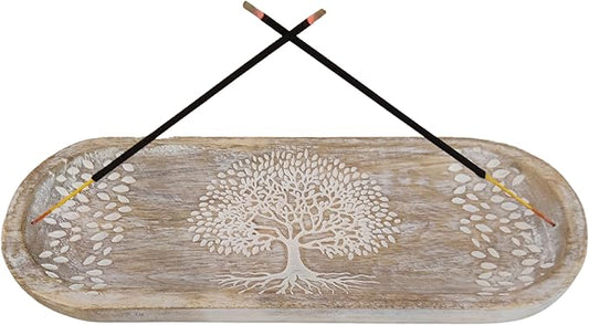 VANIYA CRAFTS® Wooden Handmade Tree of Life Design Boat Shape Incense Holder Stand Insence Tray for Sticks Home Decor Restaurant (11X4,Antique White) - Bloomnest
