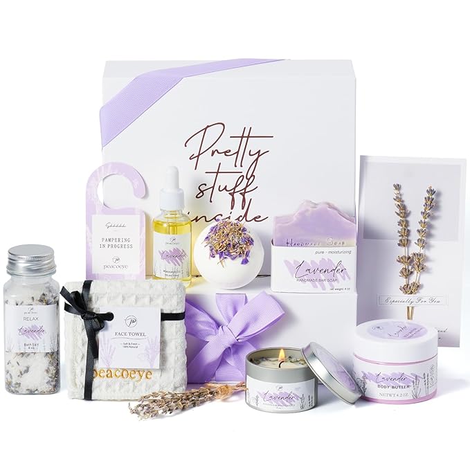 Spa Gifts for Women Valentines Day Mothers Day Gifts Bath Gift Baskets Relaxing Spa Self Care for Mom Her Sister Wife Auntie Home Bath Care Package Thank You Birthday (Purple -Spa for Women)