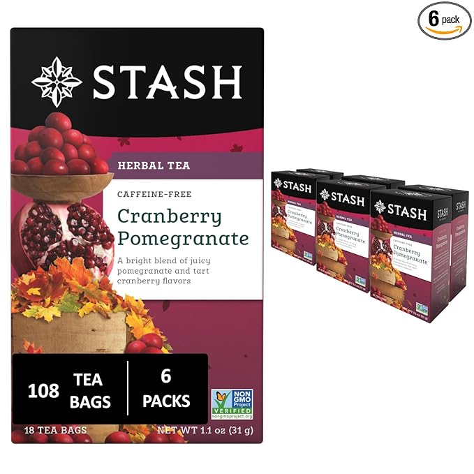 Stash Tea Cranberry Pomegranate Herbal Tea - Naturally Caffeine Free, Non-GMO Project Verified Premium Tea with No Artificial Ingredients, 18 Count (Pack of 6) - 108 Bags Total - Bloomnest