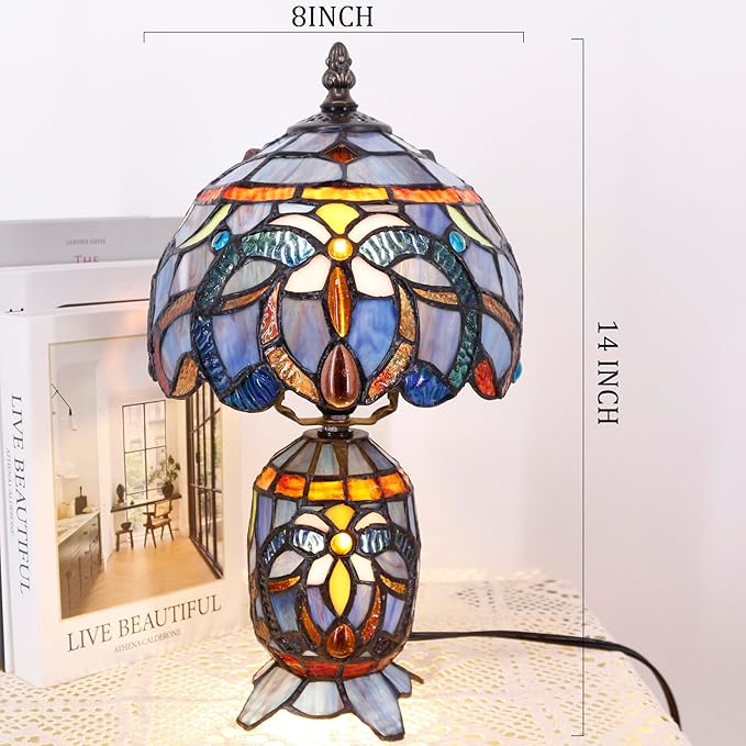 Small Tiffany Lamp Stained Glass Table Lamp Mini Mother Daughter Vase Desk Accent Night Light for Bedroom Bedside Reading Home Antique Style 8X14 Inches (Blue Purple) - Bloomnest