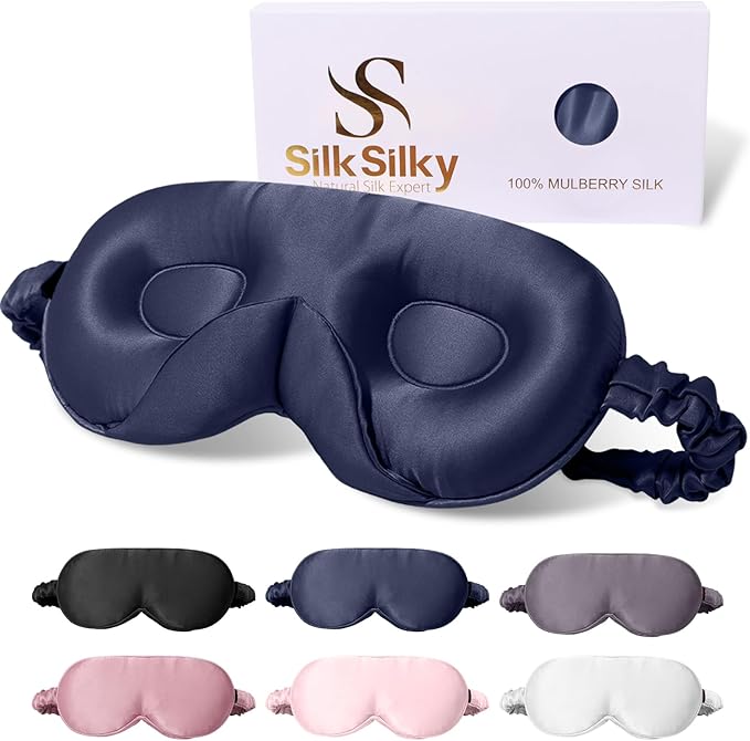 SilkSilky 100% 22 Momme Mulberry Silk Sleep Mask – Upgraded 3D Contoured Eye Mask with Nose Wing Pads & Adjustable Strap, Luxury Blackout Eye Cover for Women & Men (Dark Blue) - Bloomnest