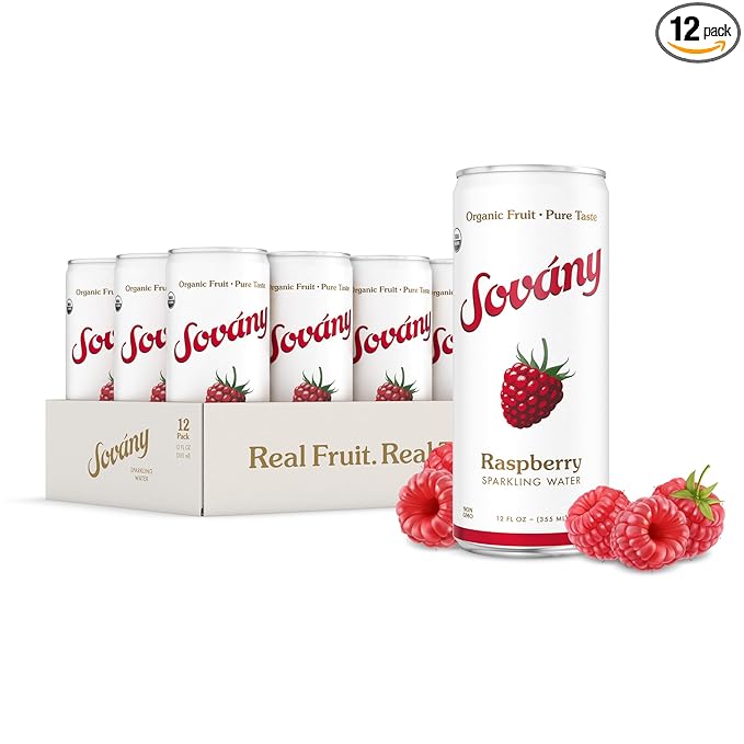 Sovány Sparkling Water, Raspberry, Seltzer Water Drinks, USDA Organic, Made With Real Fruit, Non-GMO, Vegan, No Added Sugar, Low Calorie, 12 fl oz, 12 Pack - Bloomnest