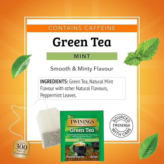 Twinings Green Tea with Mint Individually Wrapped Bags, 20 Count (Pack of 1), Invigorating Aroma, Caffeinated, Enjoy Hot or Iced, 20 Teabags - Bloomnest