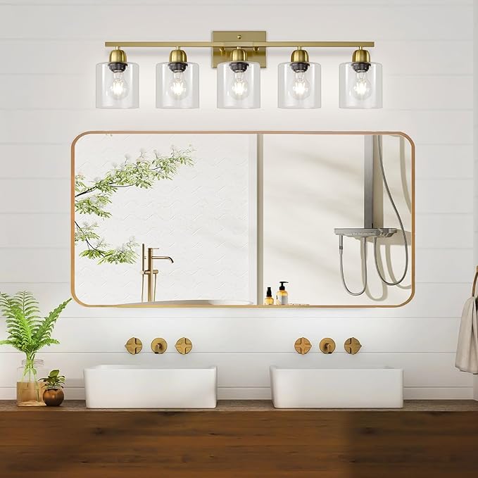 Modern Brushed Gold 5 Light Bathroom Vanity Light,31 inch Vanity Lights for Bathroom with Clear Glass for Mirror Kitchen Living Room Hallway Cabinet Porch - Bloomnest