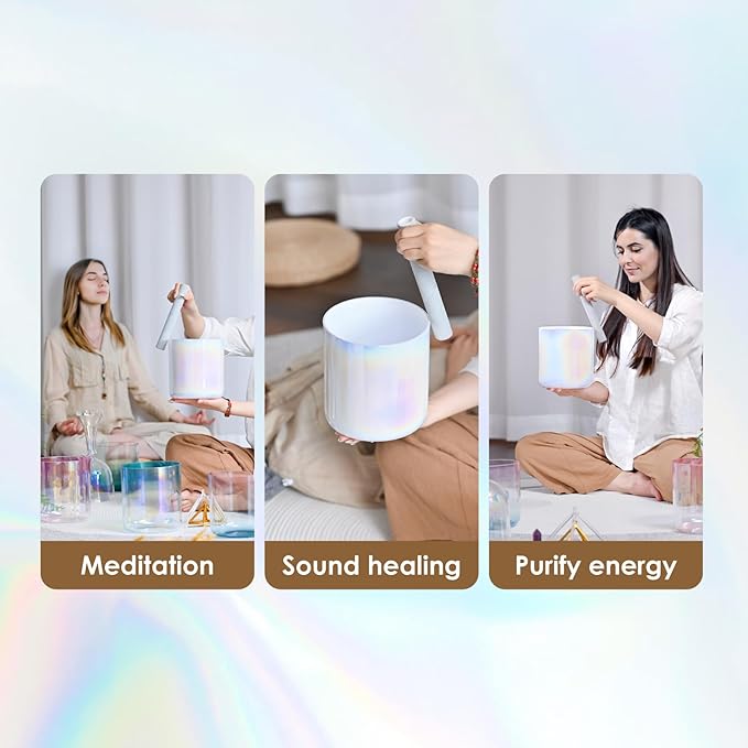 432HZ 7 inch C note Clear White Quartz Handle Crystal Singing Bowl with Mallet & O-ring - Bloomnest