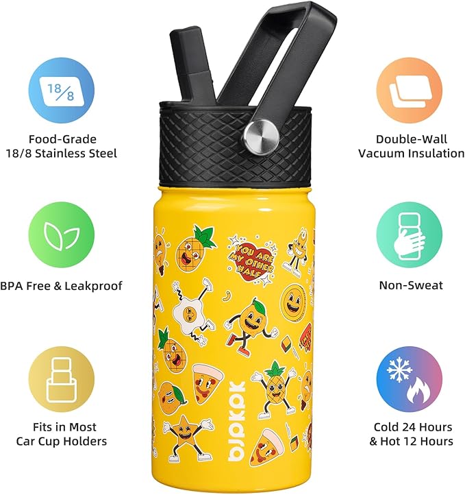 BJPKPK Insulated Water Bottle with Straw Lid, 15 oz Stainless Steel Metal Water Bottles, Reusable Leak Proof BPA Free Water Bottles, Cups, Thermo, Hawaii Fruits-Yellow - Bloomnest