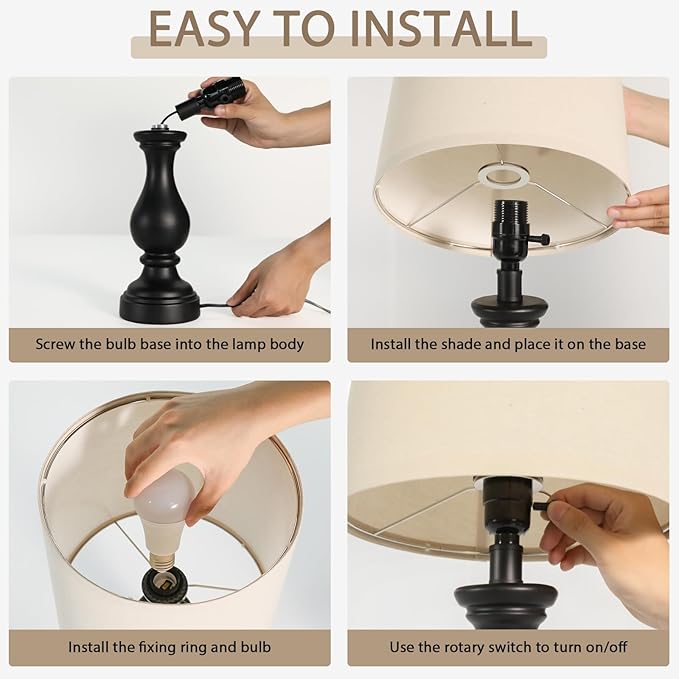 Seealle Farmhouse Table Lamps Set of 2 - Rustic Lamp for Bedroom Living Room, 22" Boho Bedside Lamps for Night Stands End Table Office Desk Lamp Nightstand with Linen Shades(Matte Black) - Bloomnest