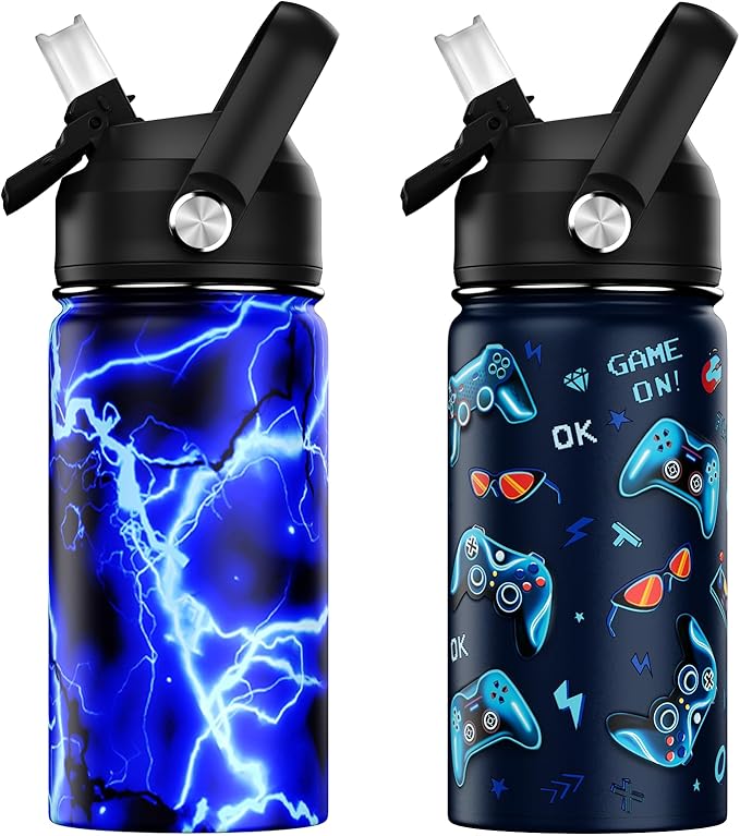 14oz Kids Insulated Water Bottle with Straw Lid - 18/8 Stainless Steel Kid Cup Travel Tumbler Double Wall Vacuum Leak Proof Portable Toddler Water Bottle (Lightning+Game） - Bloomnest