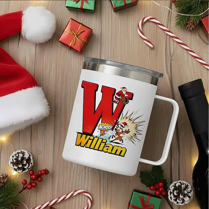 Personalized Christmas Mug with Name Initial - Funny Comic Santa & Sneezing Reindeer 12oz Insulated Stainless Steel Coffee Cup with Handle & Lid - Unique Xmas Holiday Gifts for Kids, Boys, Men (B153) - Bloomnest