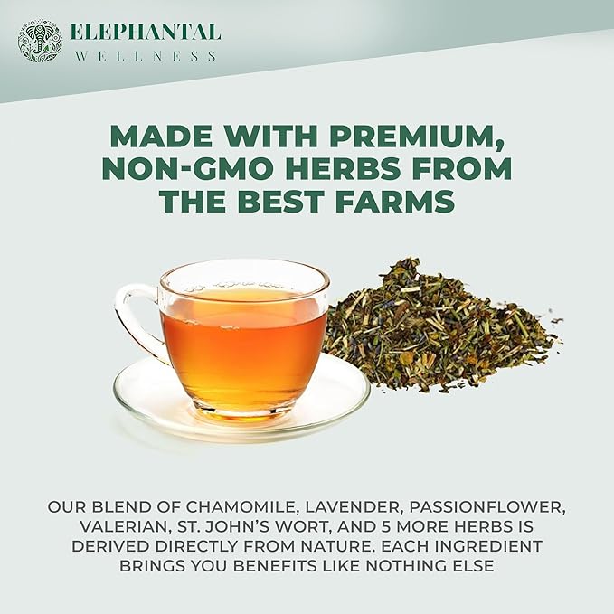 Elephantal Wellness Nerve Ease Herbal Tea | Calming Nervous System Support with Chamomile Tea, Passionflower, Lemon Balm Tea, Valerian & St. John’s Wort | Loose Leaf, Caffeine-Free, 2oz, 20 Servings - Bloomnest