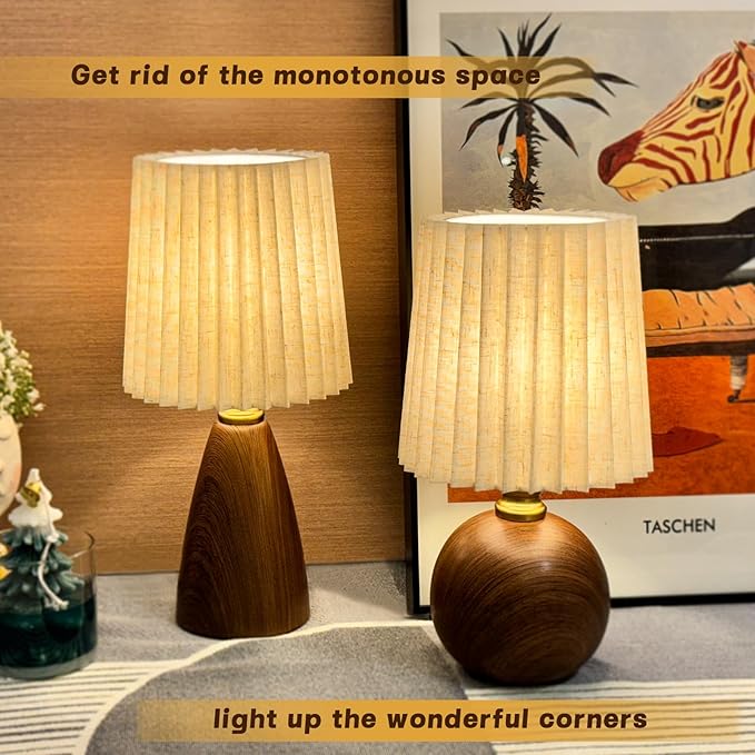 Small Pleated Table Lamp for Bedroom, Bedside Lamps for Nightstand, Dimmable Desk Lamp Ceramic Wood Grain Base Round Flaxen Fabric Shade for Living Room, Kids Room, LED Bulb Included (Modern) - Bloomnest
