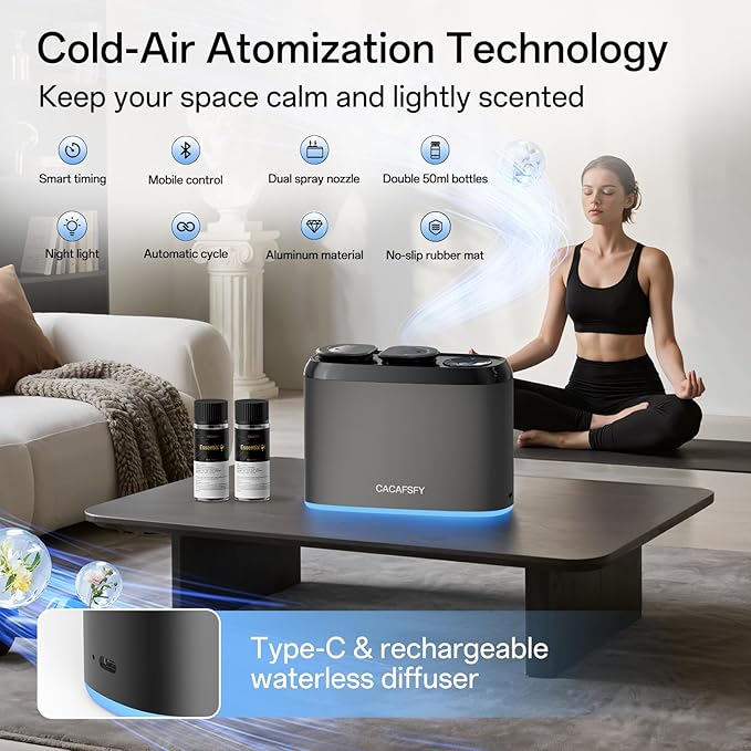 Waterless Scent Diffuser,Two 50ml Hotel Scent Oils Included-Whole House Air Freshener-Scent Diffusers for Home,Office,Essential Oil Diffuser Large Room,Smart, Cold-Air Tech,App Control - Bloomnest