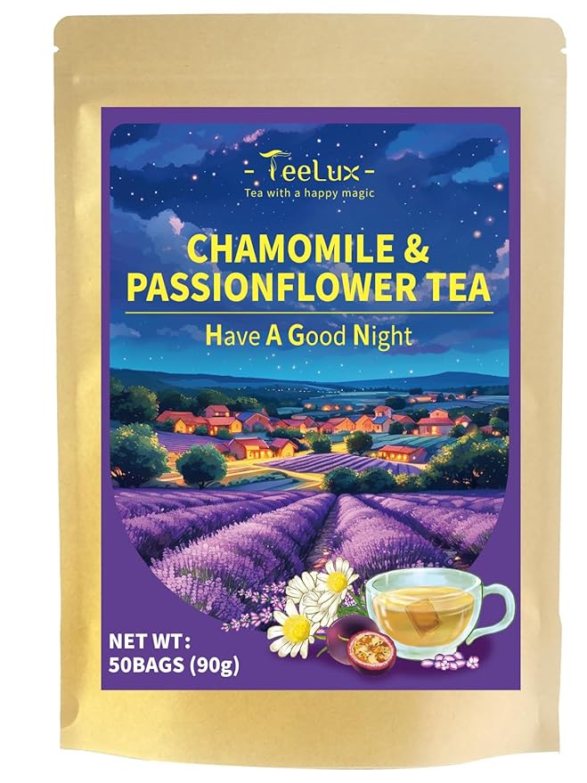 TeeLux Chamomile Passionflower Tea, Caffeine Free Tea with Lemon Balm, Spearmint, Valerian Root, Lavender, Soothing & Smooth Taste, 50 Count - Bloomnest