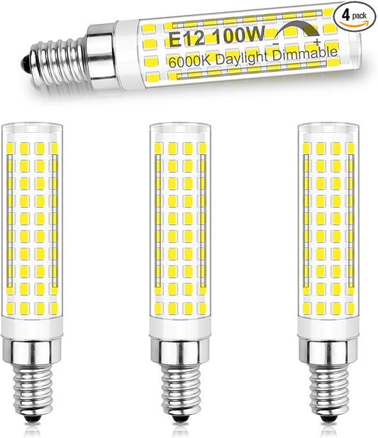 E12 LED Bulbs Dimmable 100W 120V C7 Equivalent Energy Saving LED Chandelier Light Bulbs, 12W 1200LM Daylight White 6000K T6 LED Light Bulbs for Ceiling Fan Pendant Lighting Salt Lamp, Pack of 4 - Bloomnest