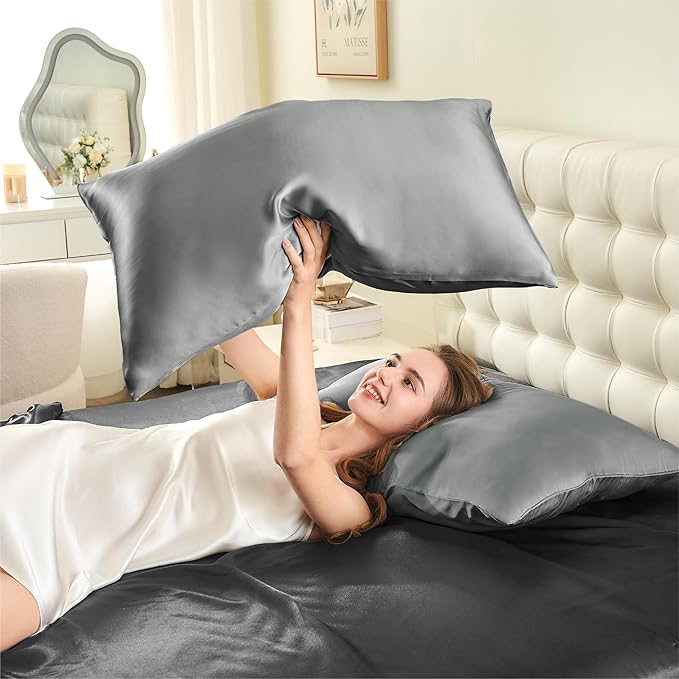 INFIIXSO Mulberry Silk Pillowcase for Hair and Skin, Silk Pillow Cases Standard Size with Hidden Zipper 20x26 Inches, Smooth and Soft Cooling Pillow Cases for Hot Sleepers(Dark Grey, 1 Pack) - Bloomnest