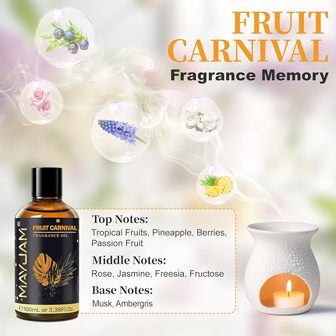 Fruit Carnival Fragrance Oil Essential Oil, MAYJAM 3.38FL.OZ Fruit Carnival Oil for Diffusers for Home, Long Lasting Scented Oils for Soap Candle Making - 100ML MAYJAM