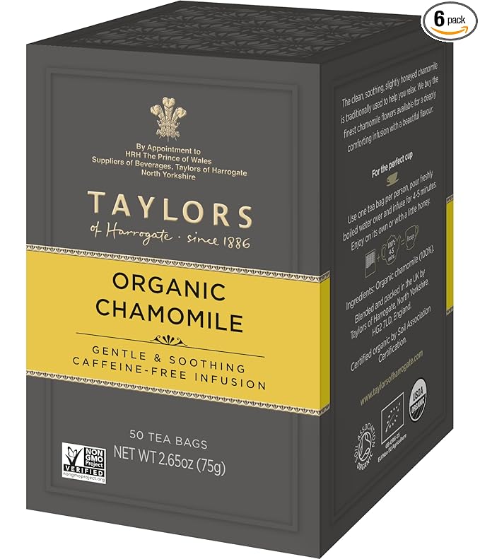 Taylors of Harrogate Organic Chamomile, Herbal Tea, Pillow Tea Bags, 50 Count (Pack of 6), Mellow, Silky & Soft, Caffeine-Free, Enjoy Hot or Iced, 300 Teabags Total - Bloomnest