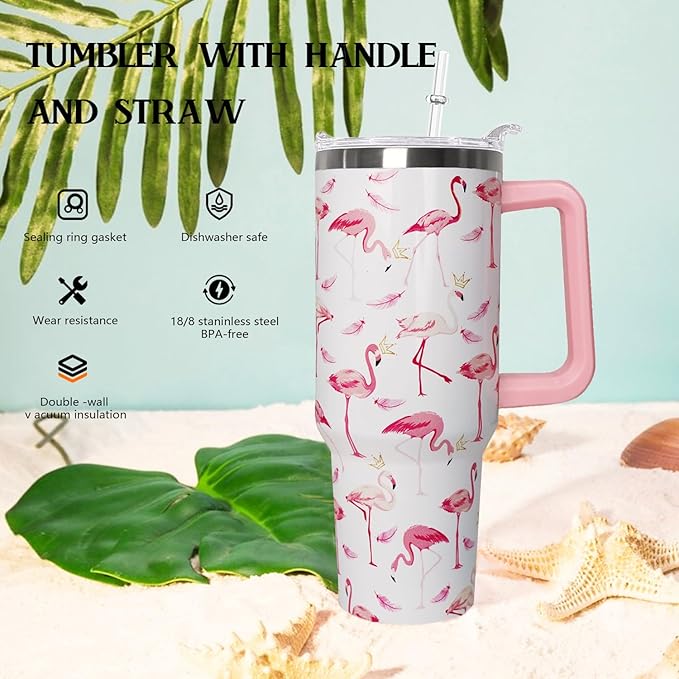 40 oz Pink Flamingo Tumbler with Handle, Lid and Straw - Flamingo Gift for Women - Coffee Mug, Water Bottle - Bloomnest