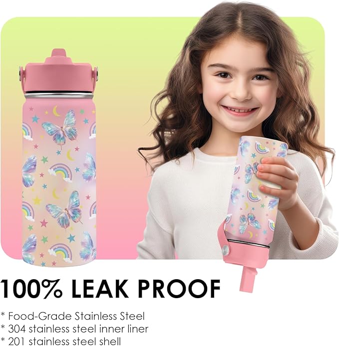 Butterfly Gifts - 16oz Pink Kids Water Bottle with Straw Lid, Stainless Steel Insulated Tumbler, Leakproof, BPA-Free, for Girls, School, Travel - Butterfly Rainbow Themed Birthday Gift Cup (1pc) - Bloomnest