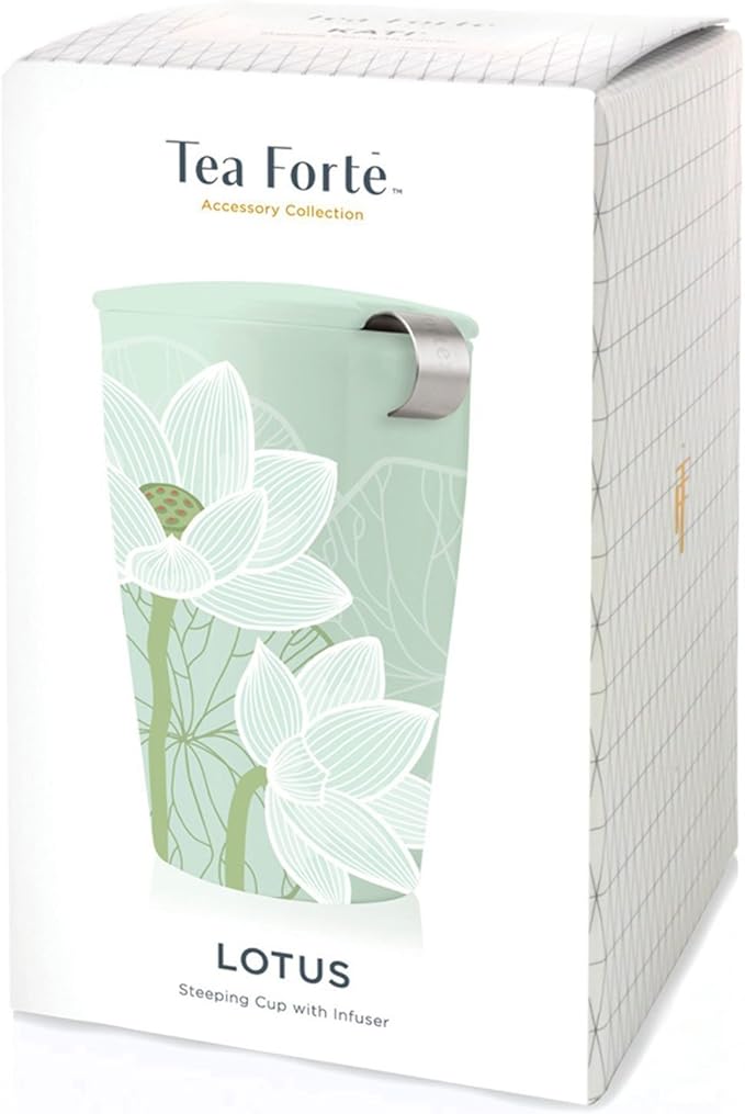 Tea Forte Double-Walled Ceramic Kati Cup, Removable Stainless Steel Infuser Basket and Lid, Steeps 12 oz Loose Leaf Tea, Dishwasher & Microwave Safe, Lotus - Bloomnest