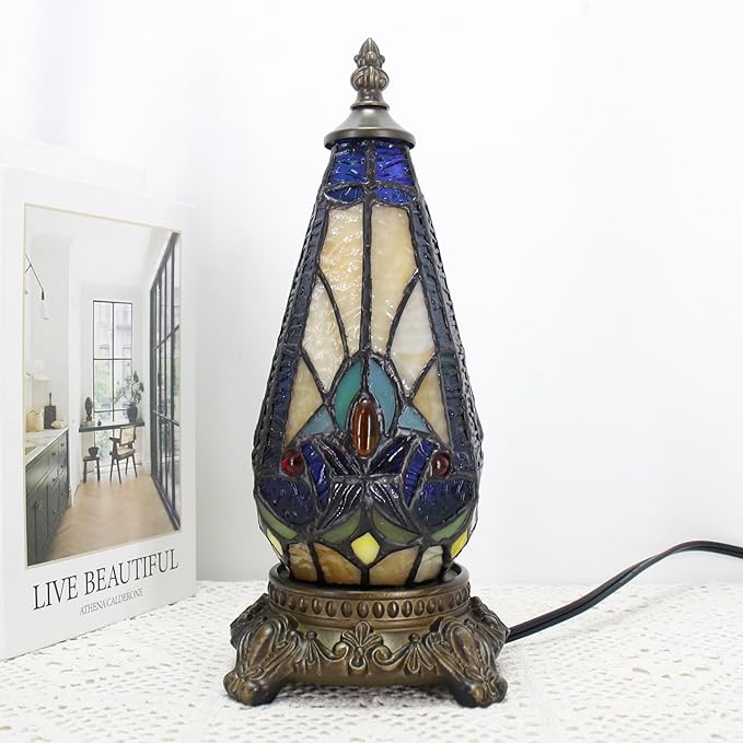 Small Tiffany Lamp Stained Glass Table Lamp 5.5X11 Inch Christmas Tree Lighthouse Mini Accent Memory Sympathy Antique Night Light for Bedroom Living Room (Stained Glass)