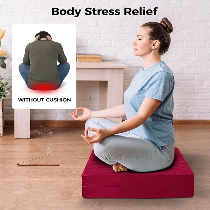 Large Floor Pillows for Adults, Thick Meditation Floor Cushions for Sitting Yoga, 22x22x5 Foam Seat Cushions Set of 2 for Furniture, Floor Pillow with Pleated Velvet Removable Cover, Burgundy