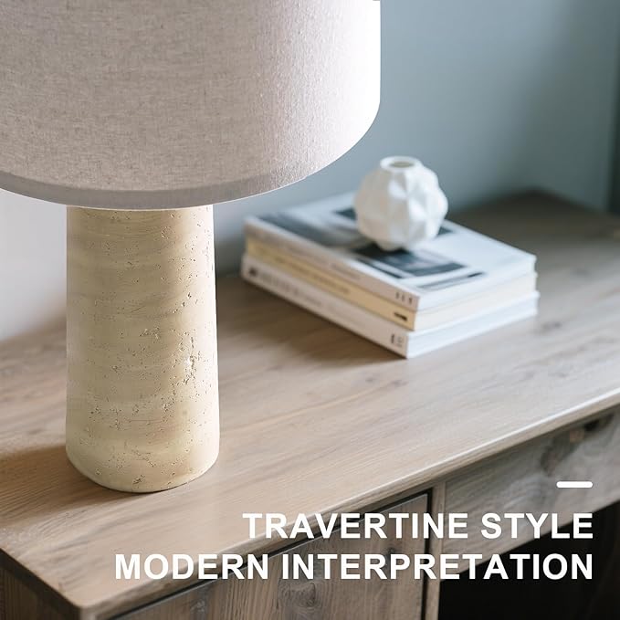 BOBOMOMO 27.25" Modern Table Lamp Set of 2, Beige Resin Lamp with Natural Stone Look, Travertine Lamps for Living Room with Linen Shades, Bedside Lamp for Bedroom, Living Room, Nightstand, Entryway - Bloomnest