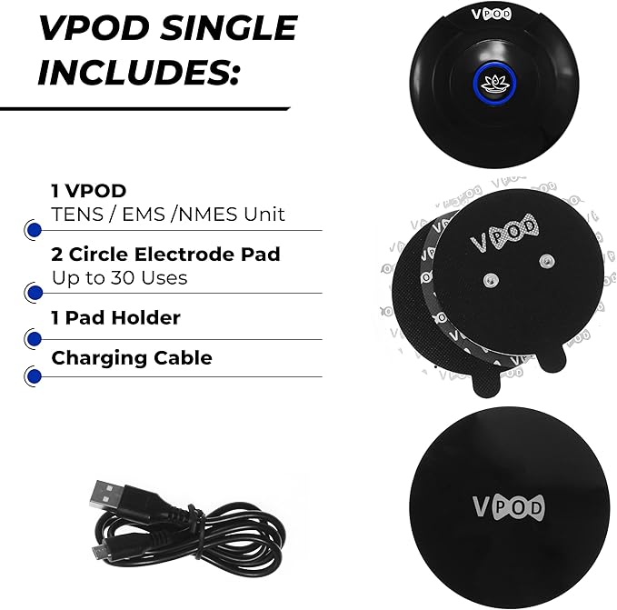 VPOD Single Wireless TENS Unit - EMS Muscle Stimulator for Pain Relief Therapy, 24 Modes - TENS Massager Electric Stimulation Machine for Nerve and Back Pain