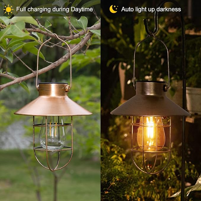 pearlstar Solar Lantern Outdoor Hanging Light Metal Farmhouse Solar Lamp with Warm White Edison Bulb Design for Garden Yard Patio Porch Decor (Brushed Copper) - Bloomnest