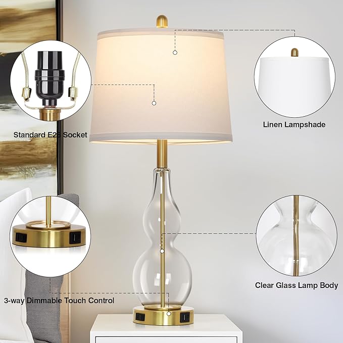 27.5" Clear Glass Table Lamp Set of 2,3-Way Dimmable Touch Control Bedside Lamps with USB Ports and AC Outlet, Modern Nightstand Lamps Gold lamp for Bedroom Living Room - Bloomnest