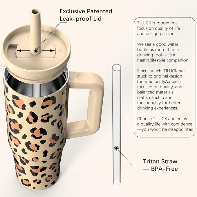 TILUCK 30 oz Tumbler with Handle, Vacuum Insulated Stainless Steel Travel Mug with 100% Leak-Proof Silicone Straw Lid, Cupholder Friendly Water Bottle(Leopard, 30oz) - Bloomnest