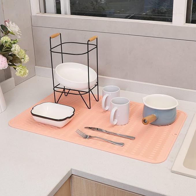 Silicone Dish Drying Mat for Multiple Usage,Easy clean,Eco-friendly,Heat-resistant Silicone Mat for Kitchen Counter or Sink,Refrigerator or Drawer Liner Pink 3XL 28 inches x 18 inches - Bloomnest