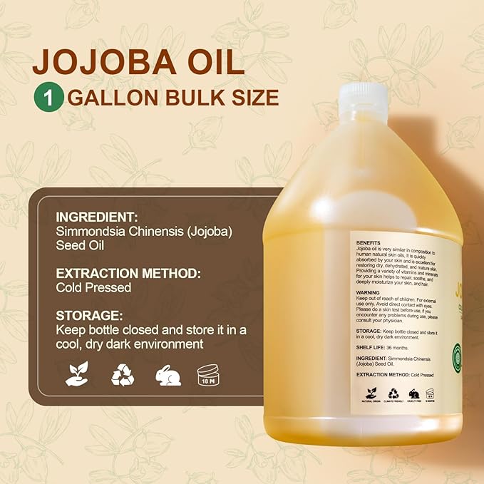 1 Gallon Jojoba Oil EWG Verified - 100% Pure Jojoba Oils Bulk Cold Pressed Unrefined Hexane Free Virgin Golden jojoba Carrier Oil for Hair Skin Massage DIY Natural Body Moisturizer - Bloomnest