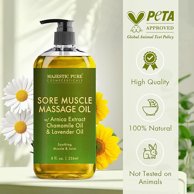 MAJESTIC PURE Arnica Sore Muscle Massage Oil for Massage Therapy - Refreshing, and Relaxing - Natural Oils with Lavender & Chamomile Essential Oils - All Skin Types - Men & Women - 8 fl oz (Pack of 2) - Bloomnest