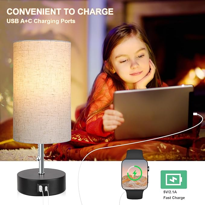 ROTTOGOON 3-Color Temperature Bedside Lamp Nightstand Lamp with USB A Port and C Port, Table Lamp for Bedroom with LED Bulb Small Lamps for Living Room (Otmeal) - Bloomnest