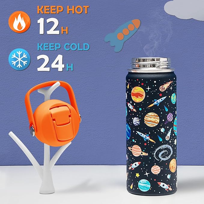 18oz Kids Insulated Water Bottle with Straw Lid - 18/8 Stainless Steel Kid Cup Travel Tumbler Double Wall Vacuum Leak Proof Portable Toddler Water Bottle (Space + Dinosaur) - Bloomnest