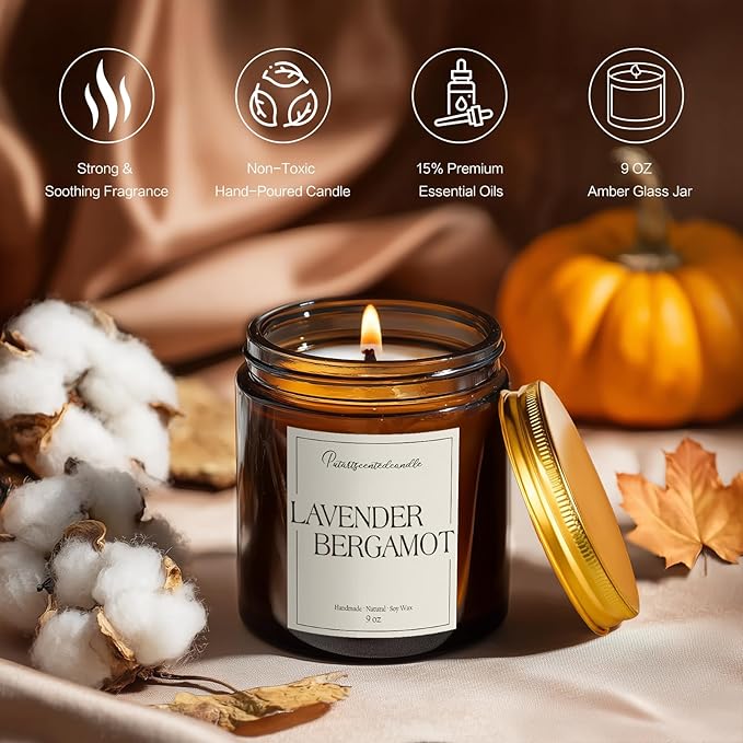 Lavender & Bergamot Scented Candles for Home, Natural Soy Wax Aromatherapy Non Toxic Candle Gifts for Women Men, Home Fragrance Decoration Glass Jar Candle for Meditation and Relaxation (9oz - Bloomnest