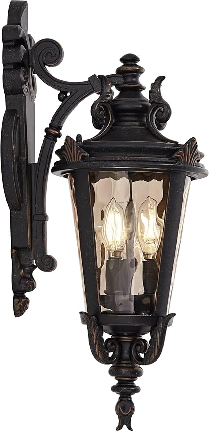 John Timberland Casa Marseille European Outdoor Wall Light Fixture Bronze Scroll 21 3/4" Champagne Hammered Glass for Exterior House Porch Patio Outside Deck Garage Front Door Garden Home - Bloomnest