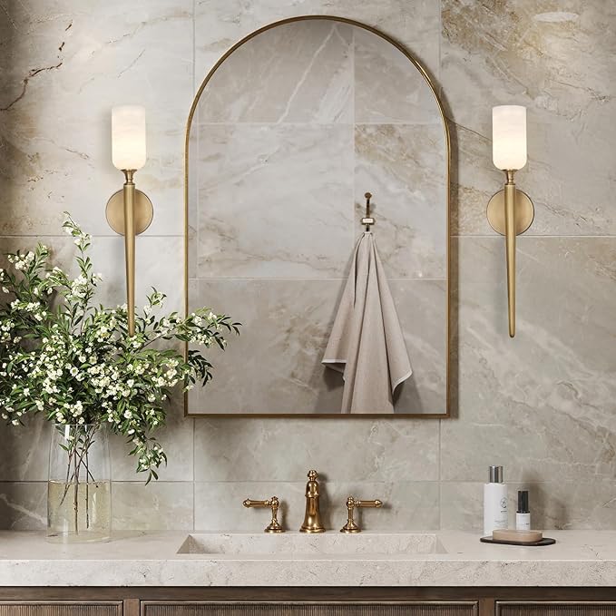 Alabaster Wall Sconces Set of Two, 22in Modern Spanish Natural Marble Bathroom Vanity Sconces, Brass Alabaster Sconce Wall Lighting, Gold Wall Light Fixtures Decor for Bedroom Living Room Staircases - Bloomnest