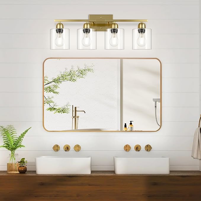 Modern Brushed Gold 4 Light Bathroom Light Fixtures, 24 inch Vanity Lights for Bathroom with Clear Glass for Mirror Kitchen Living Room Hallway Cabinet Porch - Bloomnest