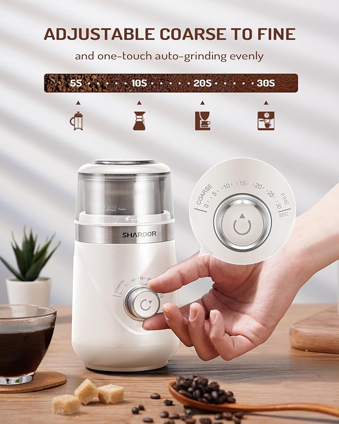 SHARDOR Electric Super Silent Blade Coffee Grinder, Timed Grind Control Rotary Knob, Adjustable Coarse to Fine for Coffee Beans, Spices & Herbs, with 1 Removable Stainless Steel Bowl, Cream - Bloomnest
